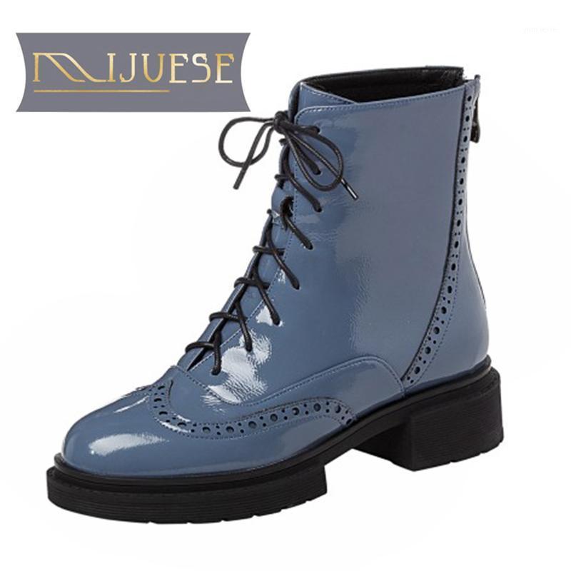 

MLJUESE 2021 women soft ankle boots cow leather lace up boots winter short plush round toe high heels women1, Blue