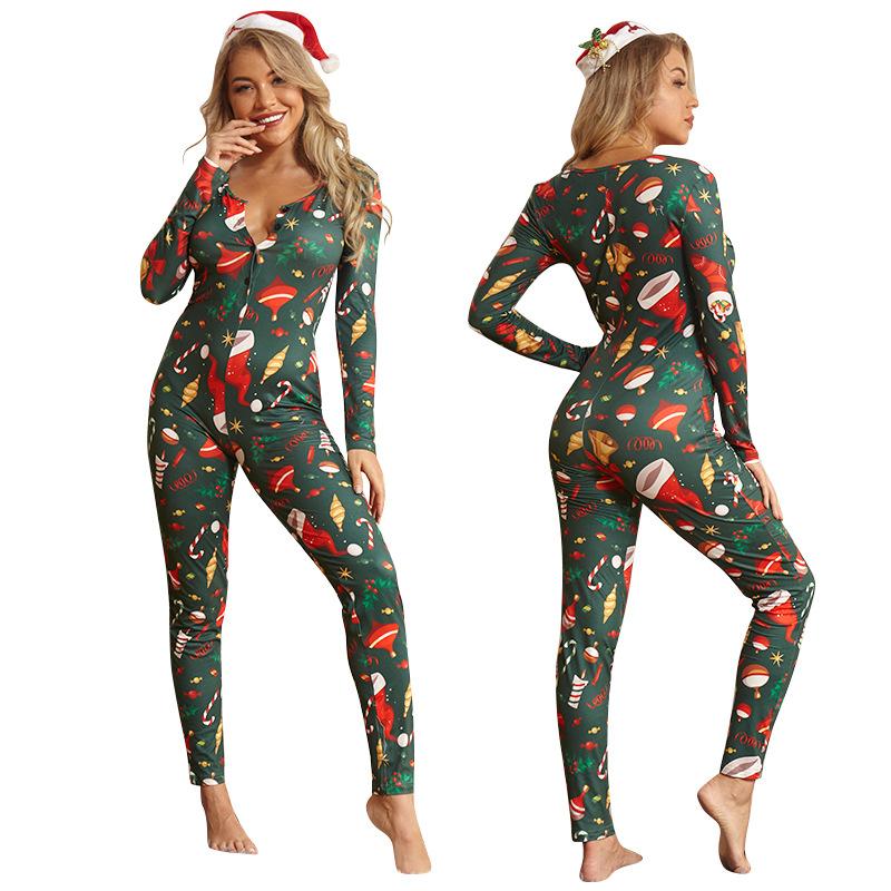 

FNOCE 2020 autumn new women' jumpsuits sexy fashion Christmas cartoon green v-neck long sleeve skinny Single-breasted jumpsuits