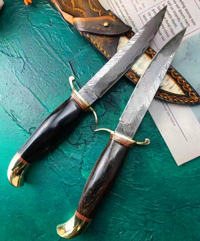 

New Arrival High End VG10 Damascus Steel Fixed Blade Knife Ebony + Brass Handle Straight Knives With Leather Sheath