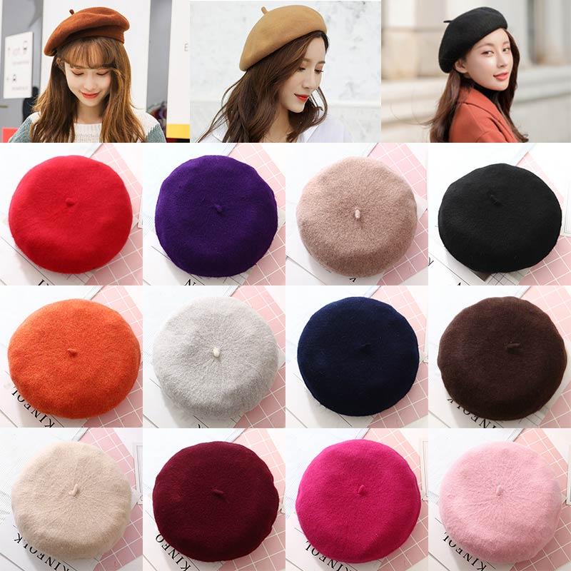 

New 1PC Painter Style Hat Caps Female Vintage Warm Lady Solid Color Hot Sale High Quality Berets Hat Women Korean Wool Berets, Black