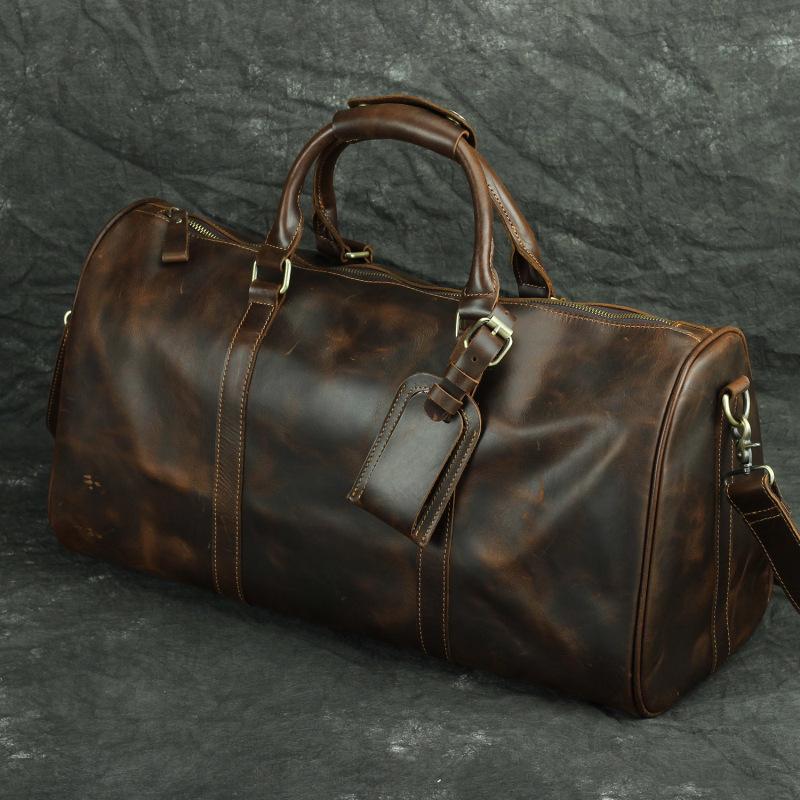

Luxury Pure Handmade Natural Crazy Horse Leather Men's Travel Bags Totes Duffle, Dark brown