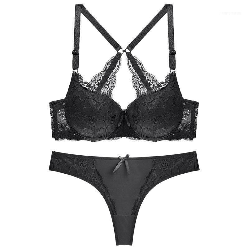 

European and American Sexy Beauty Back Bra Set Gather Big Cup Thong Underwear Set Push Up Lace Three Quarters(3/4 Cup)1, Fuchsia