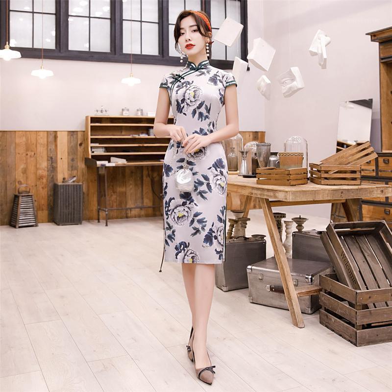 

Oversize 4XL Short Sleeve knee-length Qipao Chinese Dress Faux Silk peony print Cheongsam Party Dress For Women1