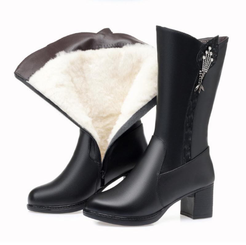 

New Winter Snow Boots Women Warm Wool Leather Boots Women's Fashion Pointed Toe Zipper High Heel Platform Mid Size 35-43, Black