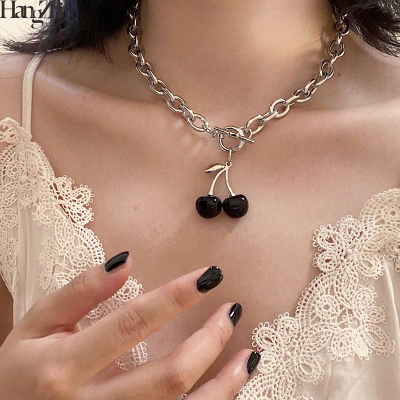 

HangZhi 2020 New Japan Korean Style Gothic Black Cherry Pendants Choker Silver Color Stainless Steel Cool Punk Girls Necklaces