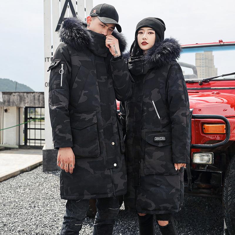 

52 Winter Windbreake Couple Lovers Fur Hooded Down Jacket Solid Casual Thick Warm Parkas Coats Long Fur Collar Outerwears, Black