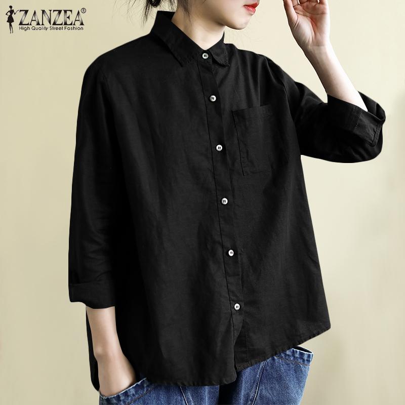

2021 Autumn Lapel Blouse Casual Pleated Shirt ZANZEA Women Solid Long Sleeve Cotton Linen Tunic Tops Blusas Female Plus Size 5XL, Black