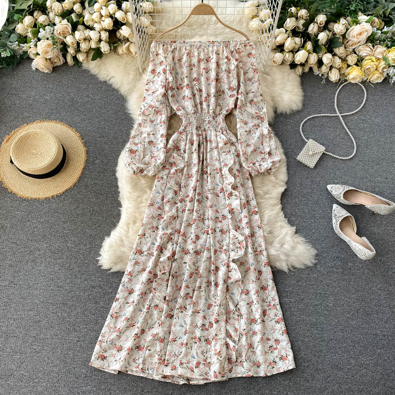 

2021 New Singiny feminine boho floral long slash neck puff elastic ruched dress autumn off shoulder frilly the line clothed NO2K, Khaki.