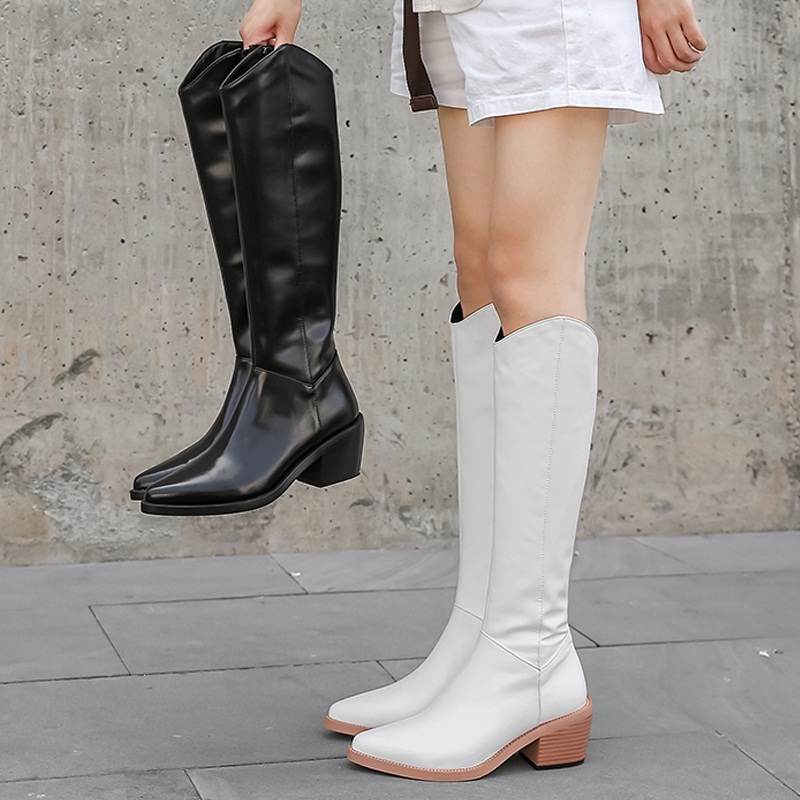 

2021 New Female High-quality Heel Black Toe-white at Knee High-knee Boots Woman 42 Uoed