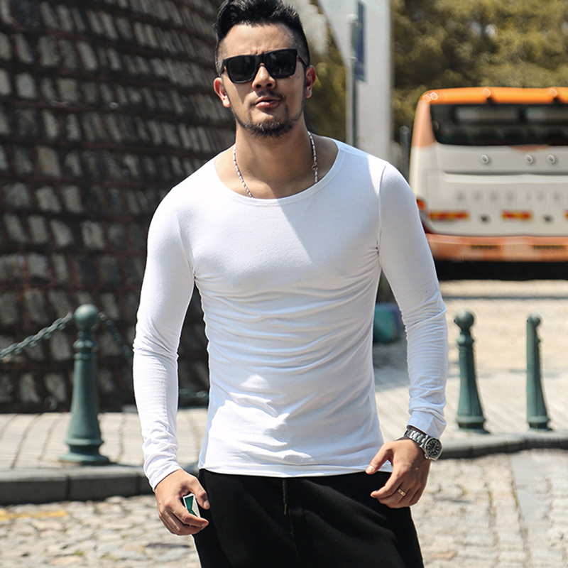 

Men new winter o neck collar slim stretch long sleeved T-shirt metrosexual man cotton casual European style brand t shirt, White