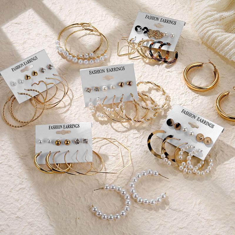 

EN Pearl Hoop Earrings For Women Clip On Ear Rings Geometric Pendientes Round Circle Earring Set Brincos Korean Fashion Jewelry1