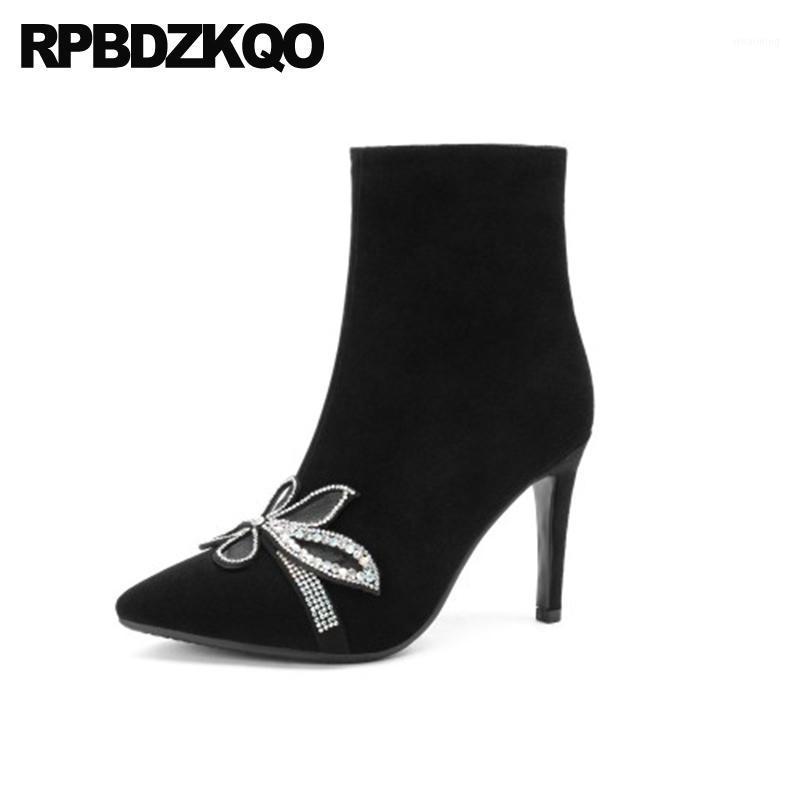 

big size ankle rhinestone bow high heel 10 snake stiletto brand women winter boots genuine leather shoes sheepskin pointed toe1, Black