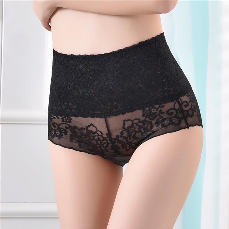 

High Waist Women Briefs Sexy Lace Floral Panties Bodyshaper Female Underpants Seamless Knickers Mesh See Through Lingerie, Black