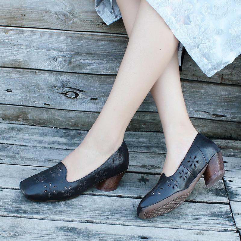 

2020 Spring Summer Classic Women Dress Shoes Pumps Black Hollow Out Leather Women Heels Square Toe