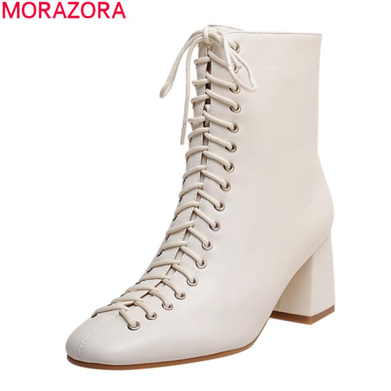 

MORAZORA Size 34-41 genuine leather boots women shoes thick high heels square toe lace up autumn winter ankle boots for woman, Black cowhide