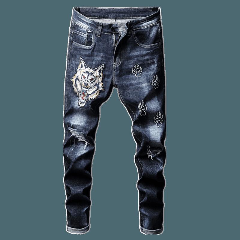 

Fashion 2020 wolf head embroidery Denim teenagers jeans men's slim stretch hole scratches paws beggar pants feet trousers, Blue