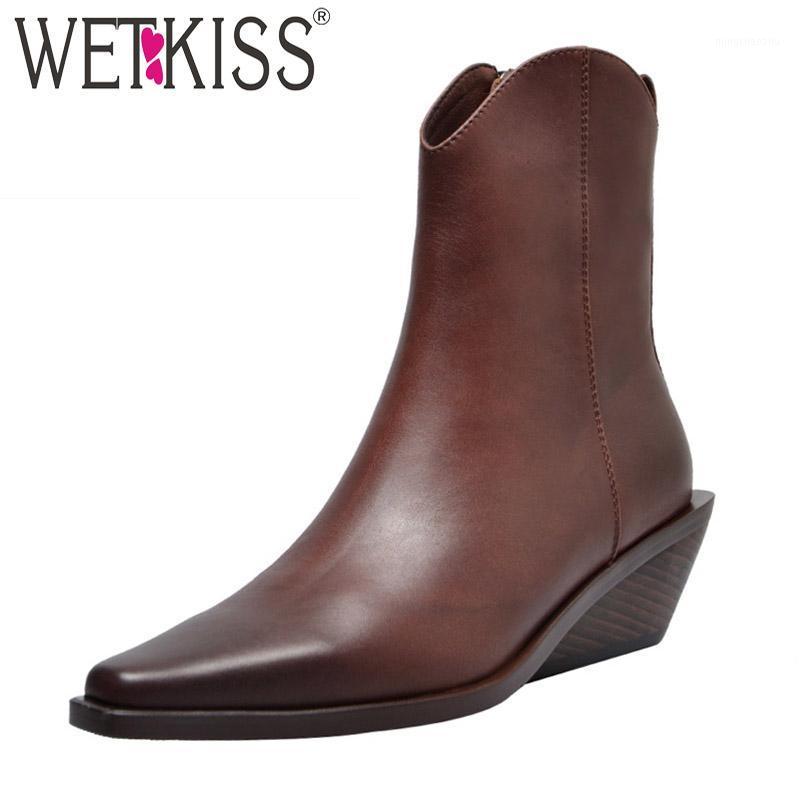 

WETKISS High Heels Wood Ankle Boots Women Leather Booties Fashion Square Toe Shoes Female Strange Style Zip Shoes Ladies Autumn1, Black