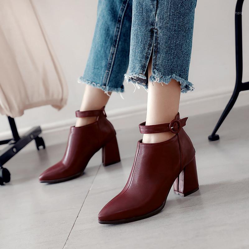 

YMECHIC Fashion Retro Pointed Toe Ankle Buckle Womens Short Boots Wine Red Black Zipper Block High Heel Shoes Winter Autumn 20211
