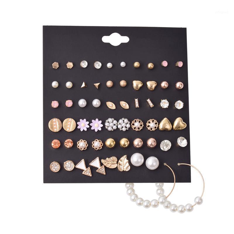 

Stud 30 Pairs/set 2021 Fashion Mixed Small Golden Heart Triangle Leaf Resin Flower Pearl Rhinestone Earrings For Women Gift1