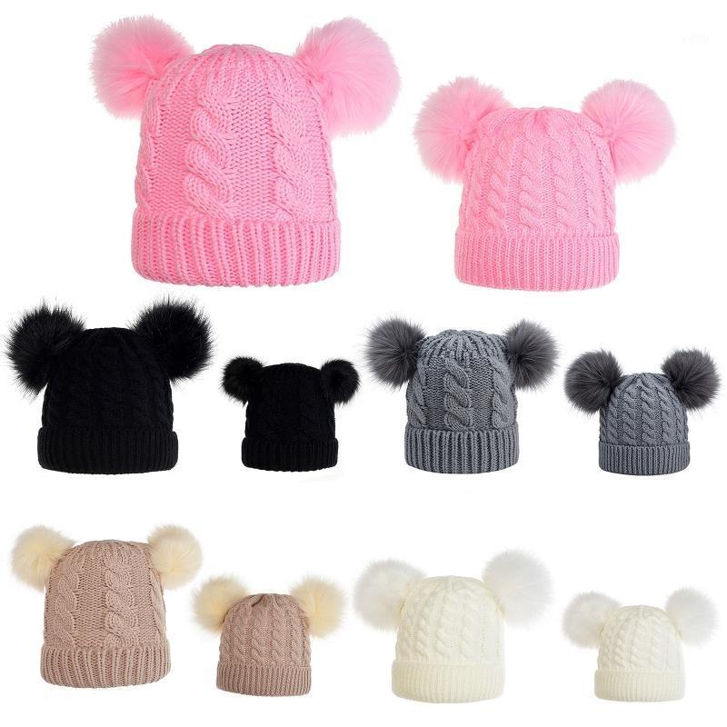 

2Pcs Parent-Child Winter Cable Knit Beanie Hat Double Pompom Skull Cap Warmer1