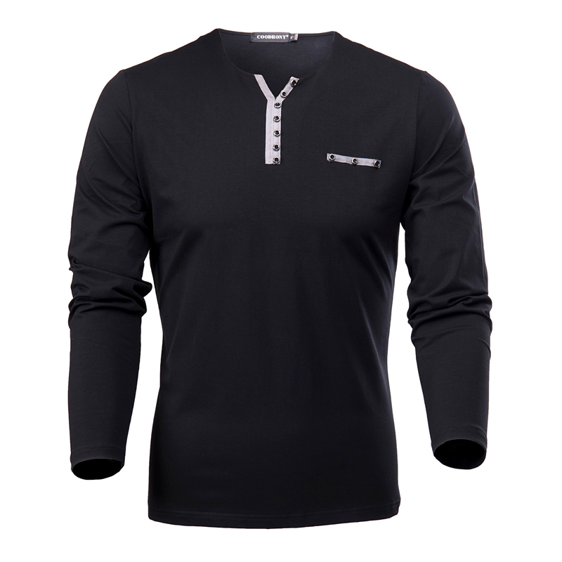 

COODRONY Cotton T Shirt Men Spring Autumn New Long Sleeve T-Shirt Men Henry Collar Tee Shirt Men Fashion Casual Tops 7617 201203, Black