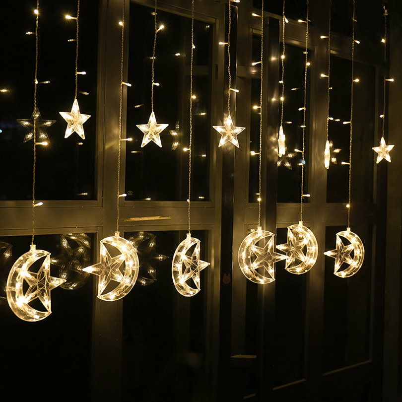 

2021 2.5m 138leds Moon Star Icicle Led Curtain String Light Garden Xmas Christmas Ramadan Wedding New Year Party Decoration Lights Bdoi
