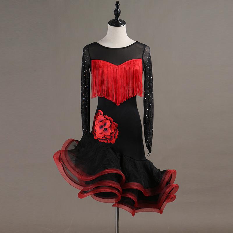

Latin Dance Dress Gauze Long Sleeve Diamonds Tassel Fishbone Dress Women Latin Ballroom Dance Stage Performance Costumes, Red
