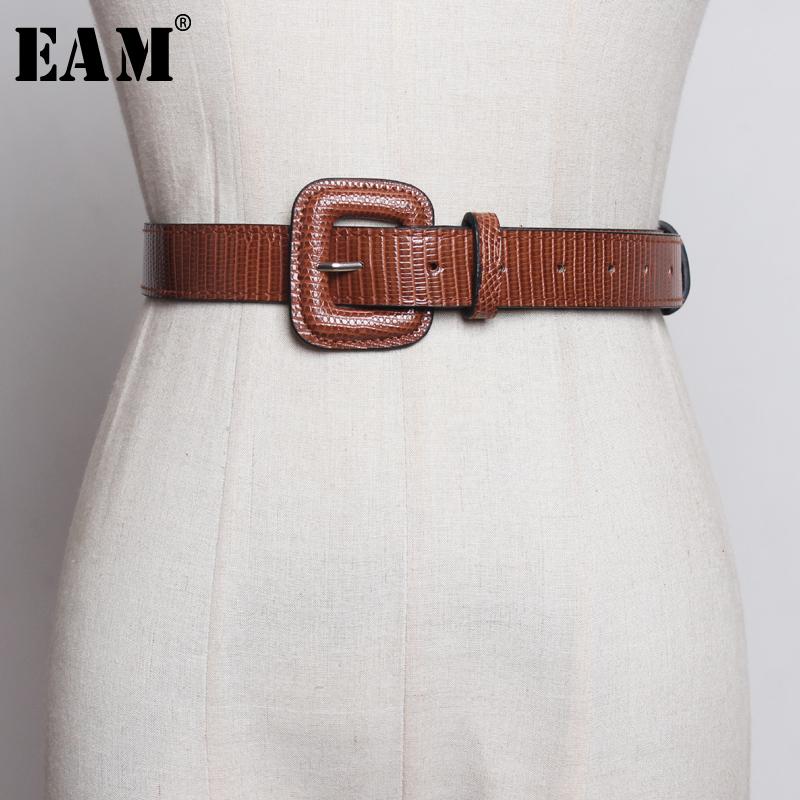 

EAM] Pu Leather Big Square Buckle Split Joint Long Belt Personality Women New Fashion Tide All-match Spring Autumn 2020 1A779, Black