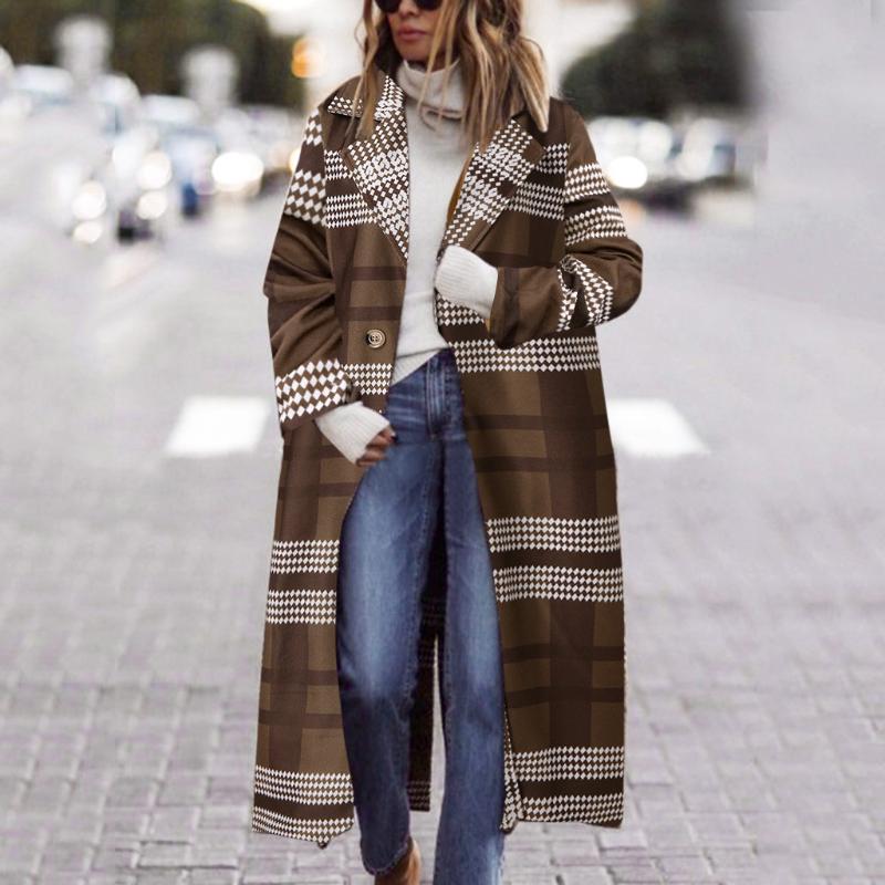 

SAGACE Elegant Women Autumn Plaid Double Breasted Long Trench Coat Female Pocket Straight Windbreaker Long Sleeve Overcoat, Brown