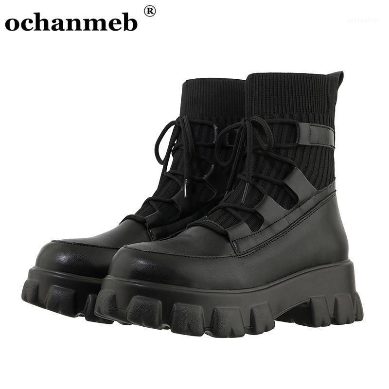 

ochanmeb chic designer shoes women thick sole platforms chunky heels boots ladies cross tied gothic sock boots large size 45 461, White with fleece