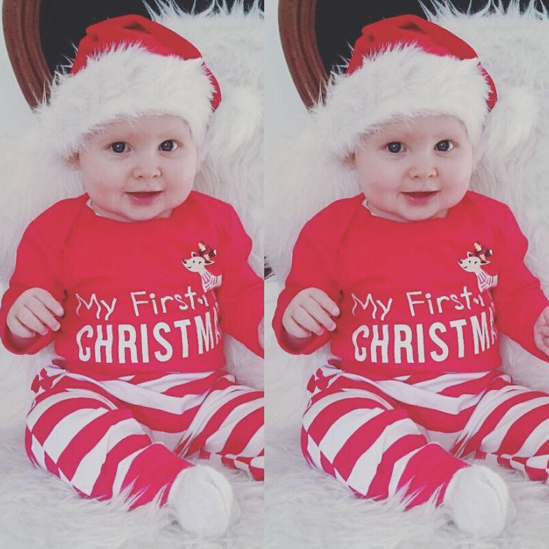 

My 1st Christmas Baby Boy Girl Newborn Xmas Clothes Romper+Plaid Pants Outfits, Red
