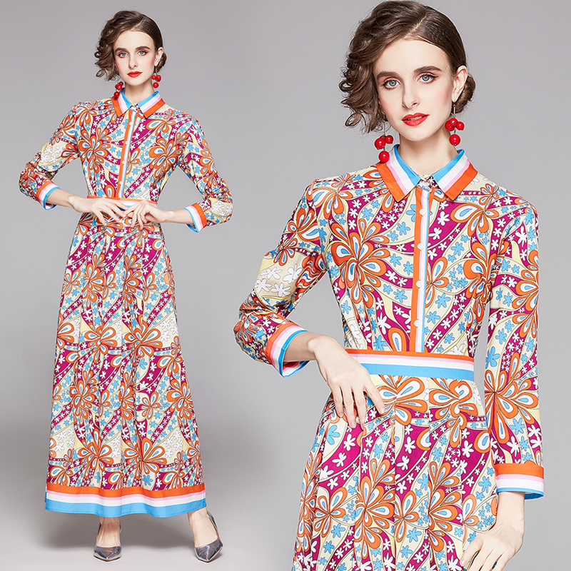 

2021 New Autumn Winter Women Fashion Casual Design Runway Es Long Sleeve Plus Size Elegant Slim Vintage Print Maxi Srcd, The picture color