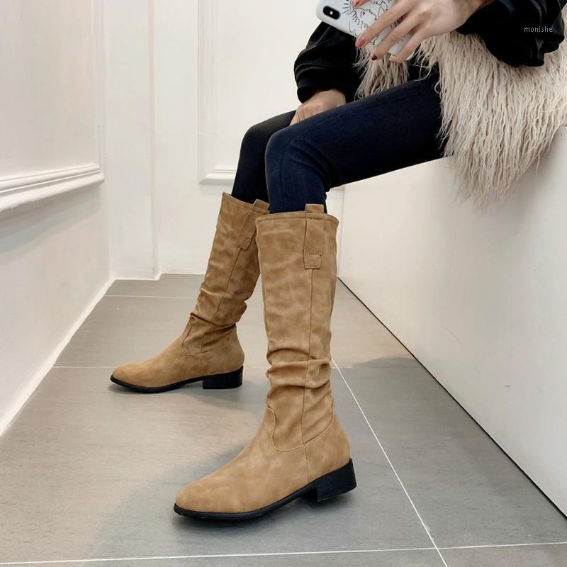 

Women Pleated Knee High Boots Sexy Round Toe Med Heels Winter Shoes Women Simple Keep Warm Office Ladies Footwear Size 32-461, Yellow