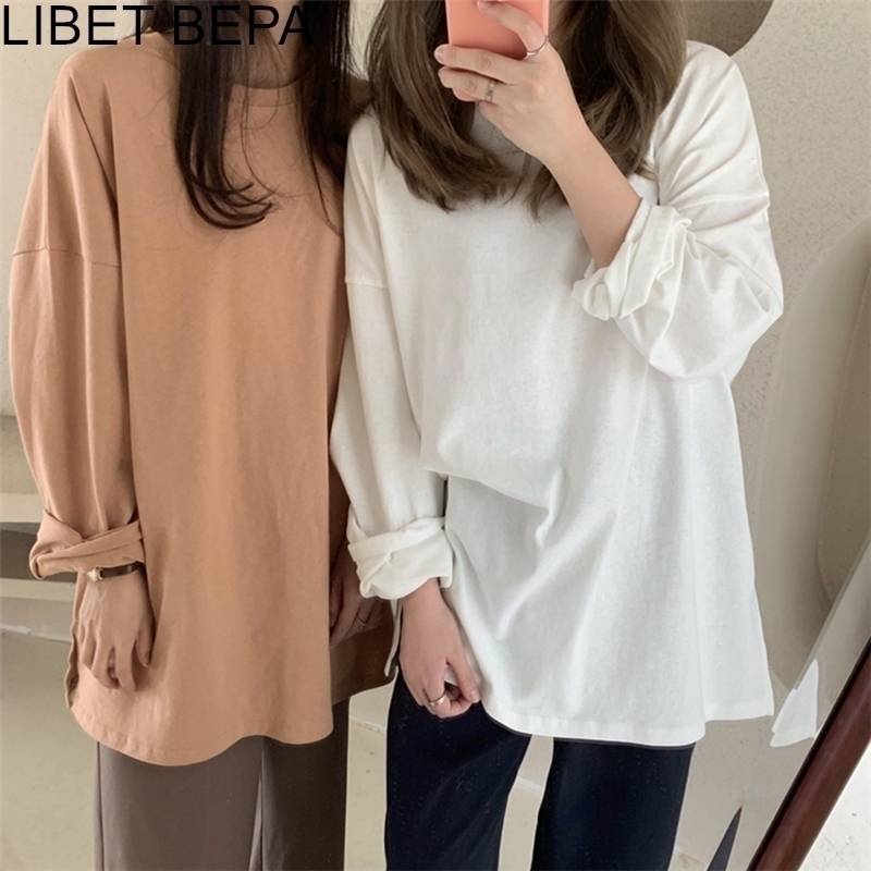 

New Autumn Winter Women's Bottoming Loose Solid Multi Colors Casual Fashionable T-shirt Minimalist Long Sleeve Tops T601 201029, White