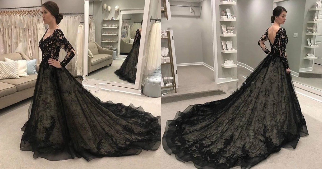 

Vintage Black Lace Gothic Wedding gown Dresses V neck and Back Court Train Beads Long Sleeves African Wedding Bridal Gowns Vestido De Novia, Yellow