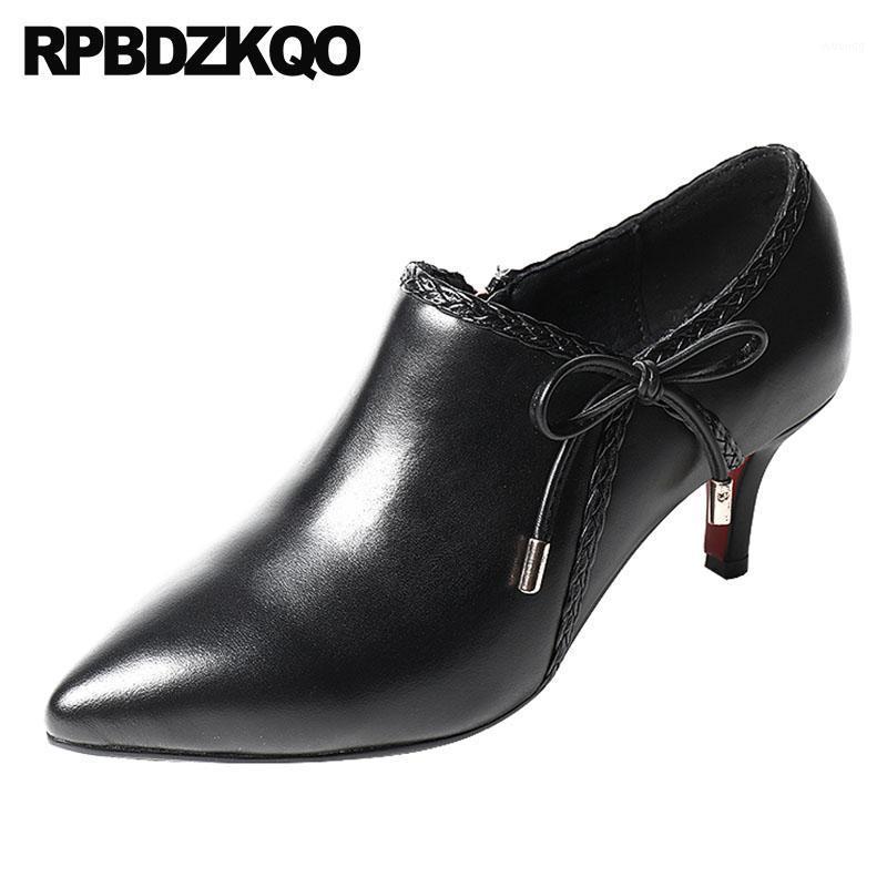 

stiletto black pointed toe shoes sheepskin genuine leather suede winter booties high quality bow women ankle boots medium heel1