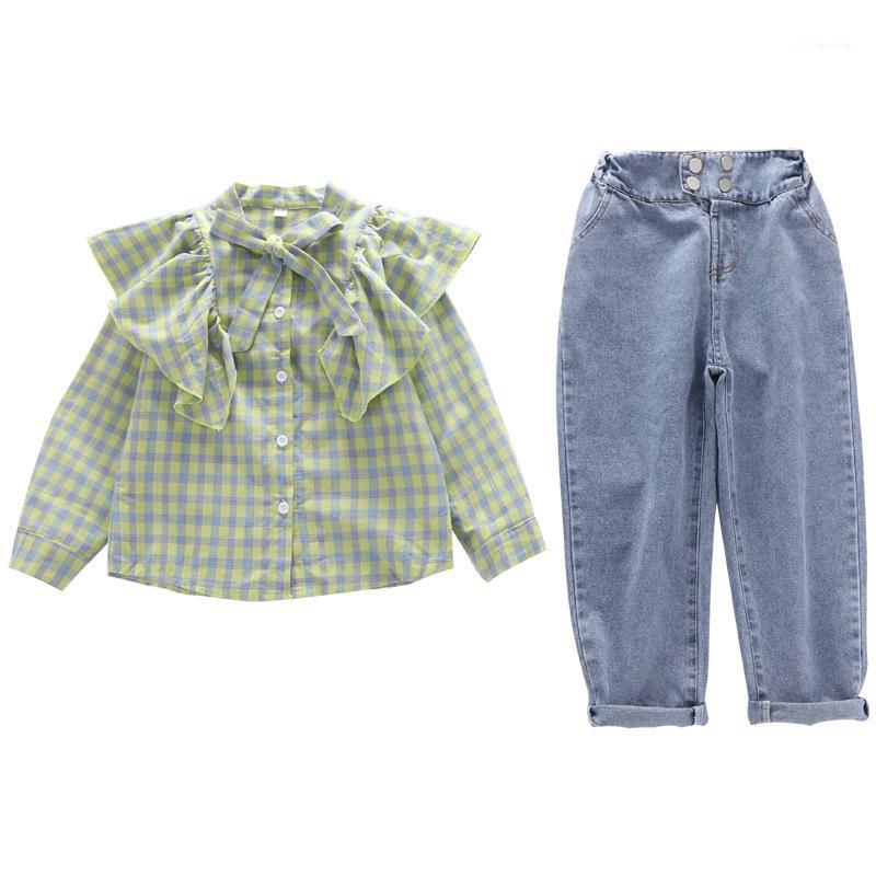 

Teen Girls Clothing Set Kids Clothes Girl Bow Plaid shirt+Jeans Suit Children Clothes Spring Autumn Girls Outfits 10 12 14 Years1, Green
