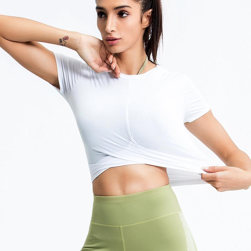 

Elastic and Slim Fitness Yoga tops Women Gym Clothing Dry Quick Sportswear Short Sleeve T-shirt Female Breathable Workout, Black