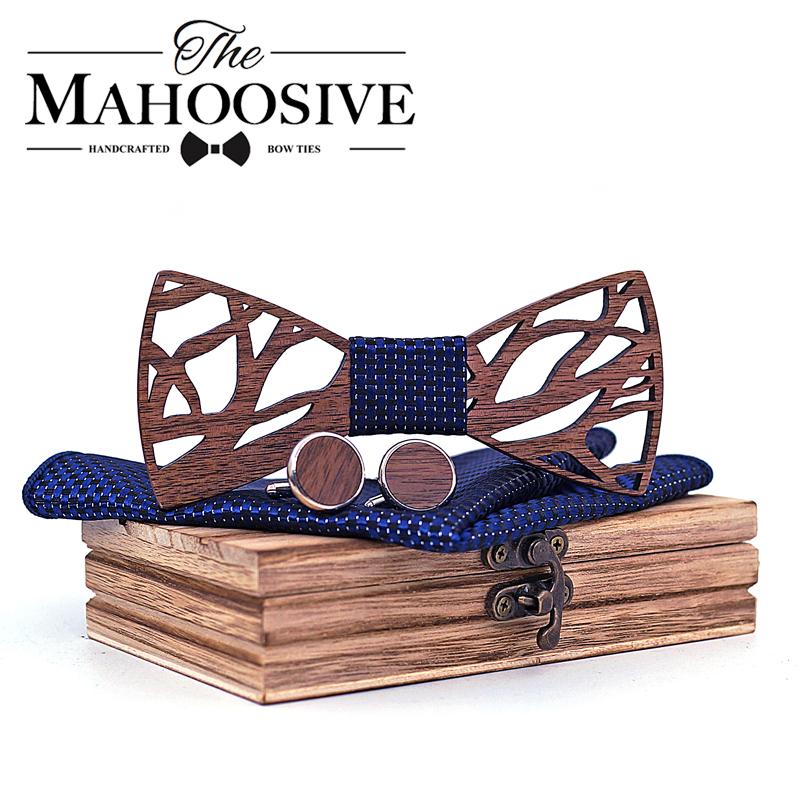 

Wood Bow tie Handkerchief Cufflinks Set for Men Gift Wooden Bow Tie Bowknots for Wedding Party Ties Pocket Square Hanky Cravat