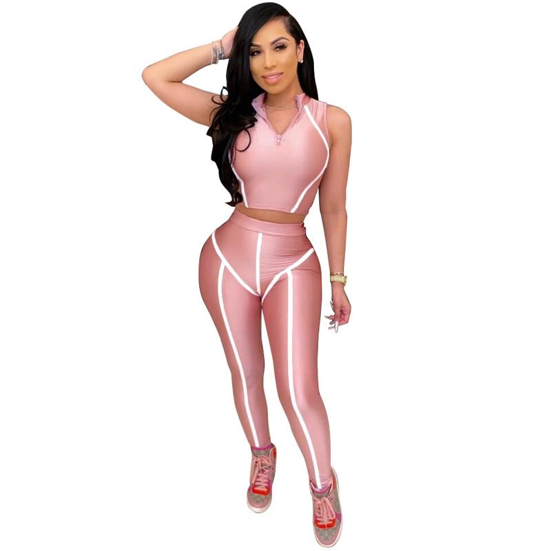 

Patchwork Stripe Yoga Set Women Gym Solid Color Basic Standing-Collar Sleeveless Top Slimming Leggings Sportlette Tracksuits, Pink