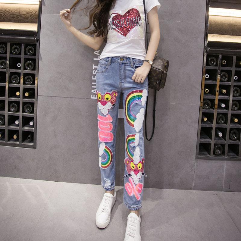 

LYUSan New Jeans Women High Waist Dark Blue Pocket Rainbow Jeans Pants MONKEY Woman Collapse Trousers1