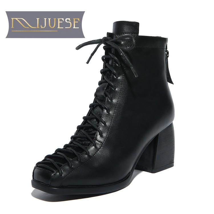 

MLJUESE 2021 women boots cow leather black color lace up round toe short plush warm winter boots female motorcycle, Green