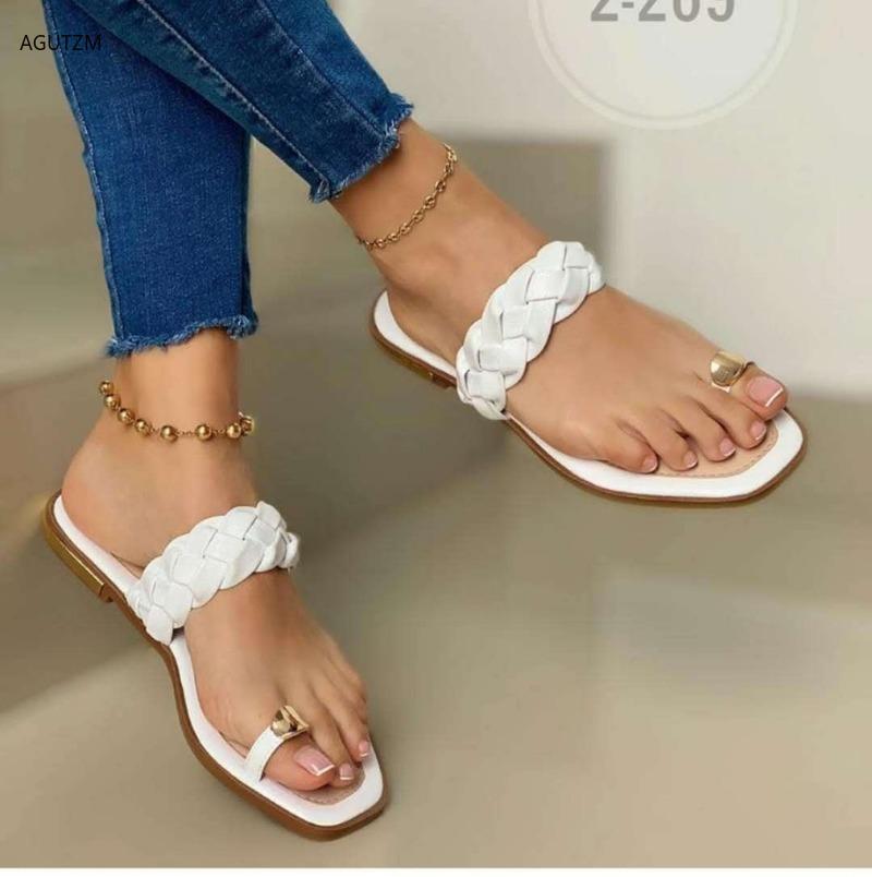 

2021 Women Weave Sandals PU Leather Big Toe Foot Correction Slipper Comfy Flat Sole Ladies Casual Soft Sandal Beach Footwearic, Black