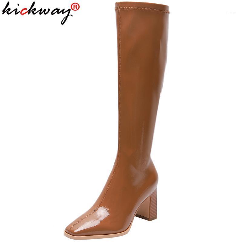 

kickway Sweet Black Brow Knee High Boots Women Casual Square High Heels Boots Female Casual New Autumn Winter Warm Shoes 34-401, Brown pu inside