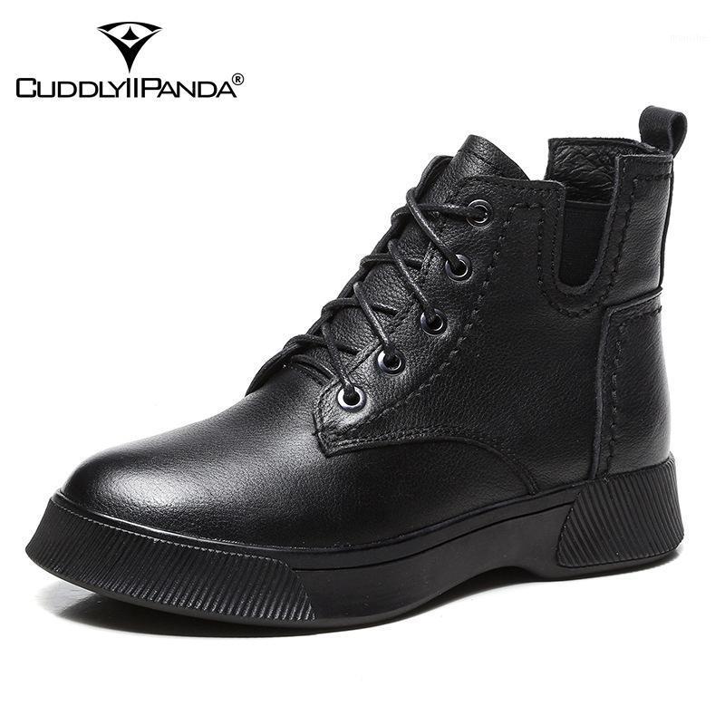 

CuddlyIIPanda Women Fashion Ankle Boots Genuine Leather Spring Autumn Short Boots Winter Warm Retro Fur Botas Mujer1, Black