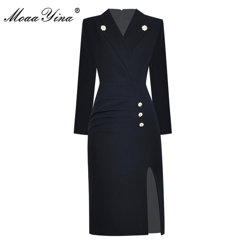 

MoaaYina Fashion Designer dress Summer Women' Dress V-neck Long sleeve Ruched Slim Package buttocks Split Dresses, Navy blue