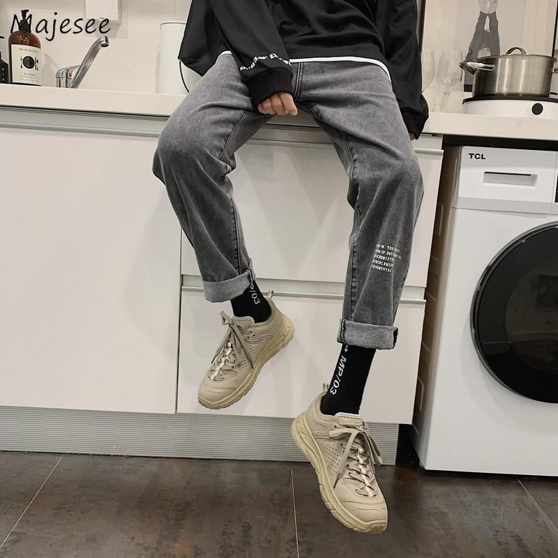 

Jeans Mens Harajuku BF Straight Denim Trousers Letter Printed Chic Loose Retro Ankle-length BF for Men Spring Autumn Vintage, Gray