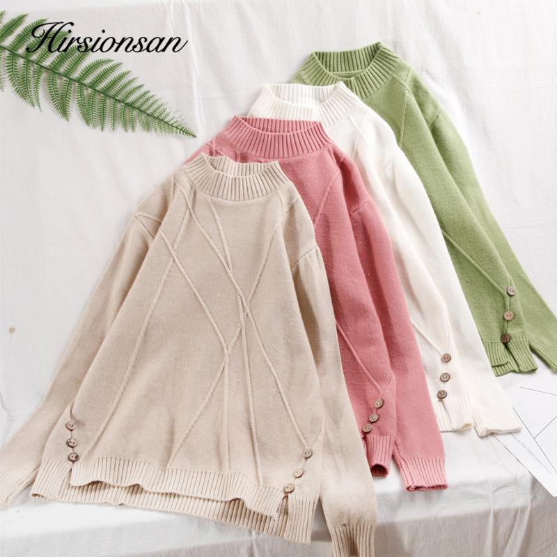 

Hirsionsan Button Stripe Irregular Casual Sweater Women Autumn Winter Knit Oversized Warm Pullover Soft O Neck Chic Jumper Pull, Green