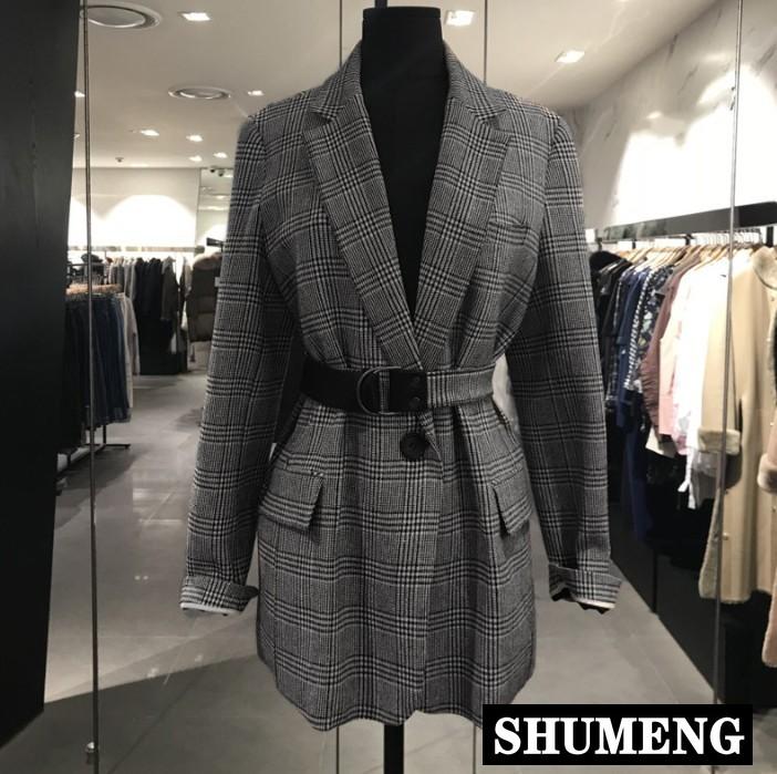 

New Korean Fashion Women' Spring Clothes Retro Plaid Suit Blazer Coat Female Casual One Button Jacket with Belt Slim Outwear, Gray