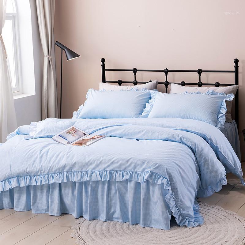 

100% pure cotton plaid ruffles solid color blue skirt-style bedding set simple style ropa de cama couvre lit duvet cover set1, As pic